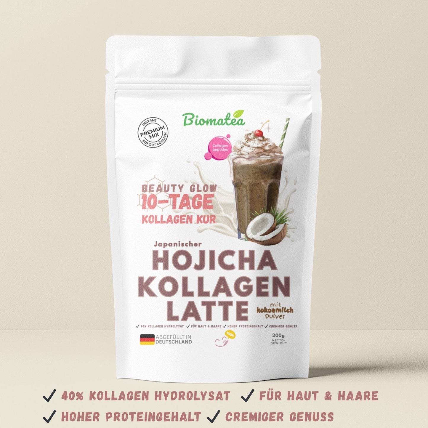 Biomatea Hojicha Kollagen Latte – Die 10-Tage Beauty Glow Kur (Premium Instant Mix mit Kokos)