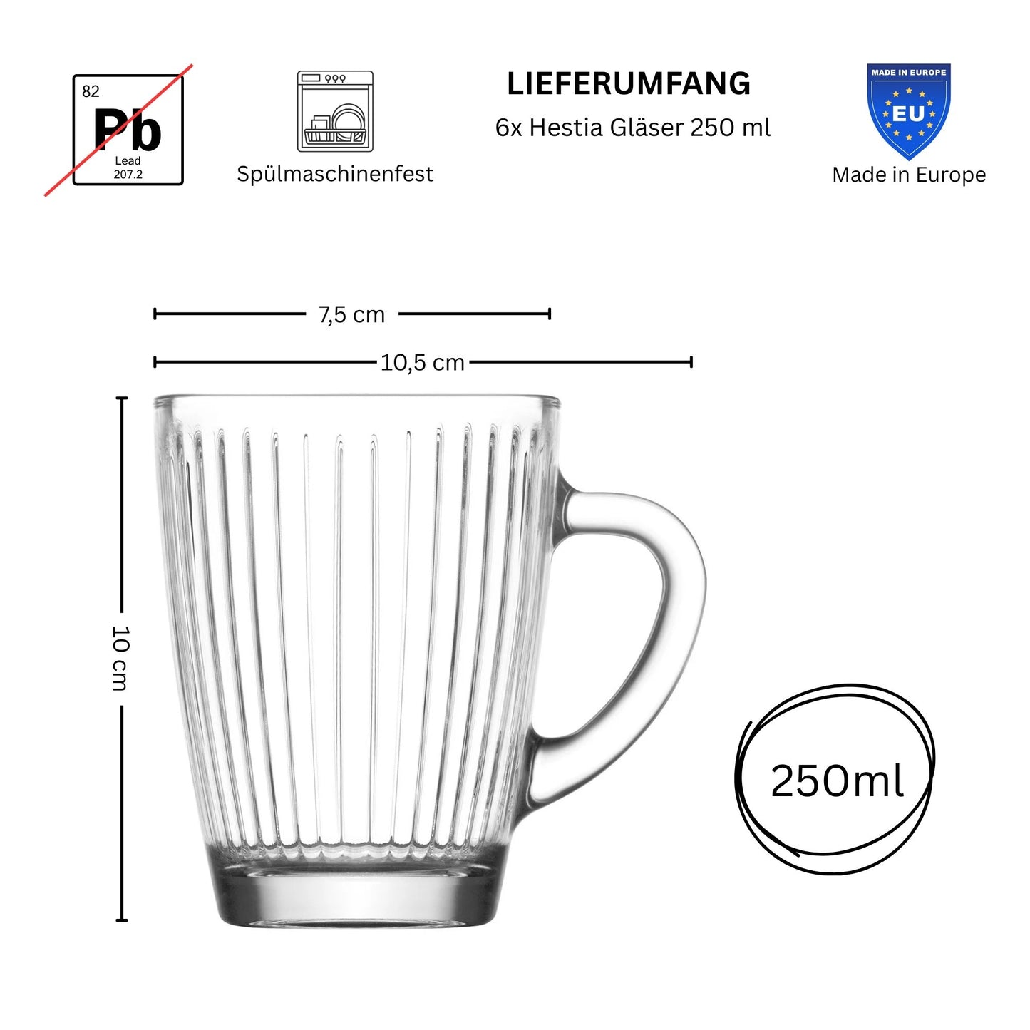 6er Set Matcha & Teegläser mit Henkel Rillen-Relief design, 250ml