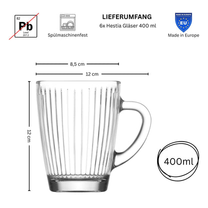 6er Set Matcha & Teegläser mit Henkel Rillen-Relief design, 400 ml