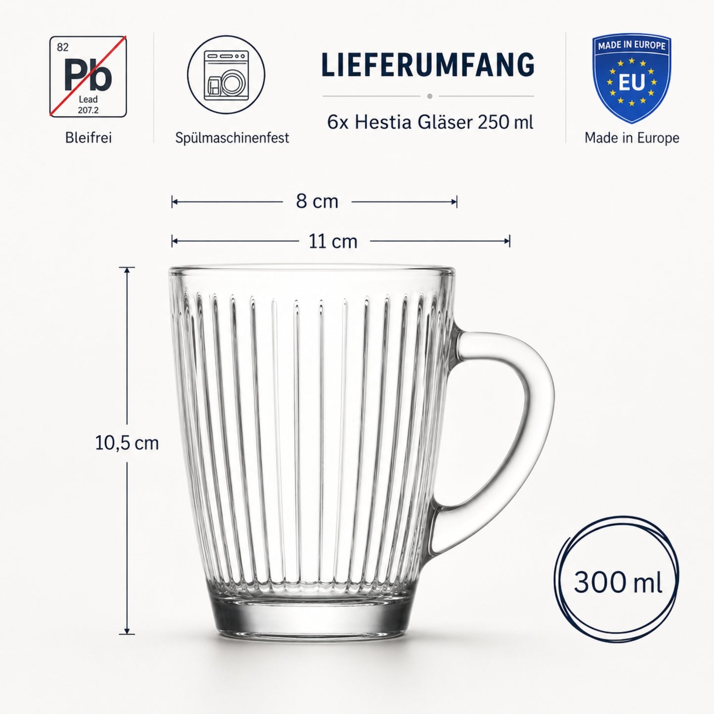 6er Set Matcha & Teegläser mit Henkel Rillen-Relief design, 300 ml
