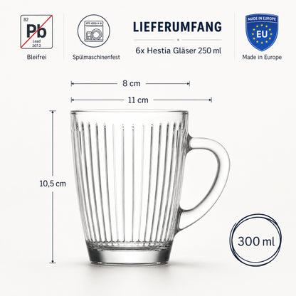 6er Set Matcha & Teegläser mit Henkel Rillen-Relief design, 300 ml
