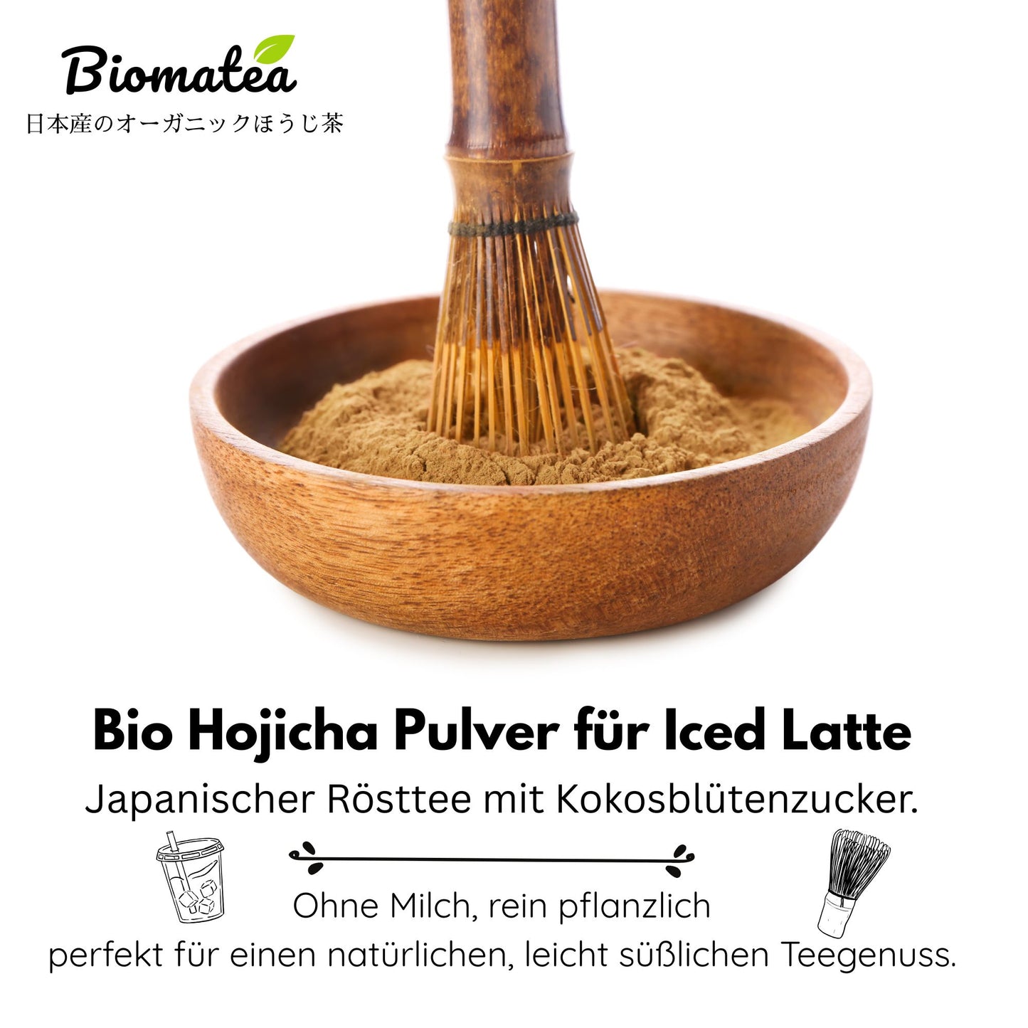 Bio Hojicha Latte Pulver aus Japan – Mit Kokosblütenzucker – 100g – Veganer Eistee oder Latte – Für heiße & kalte Zubereitung