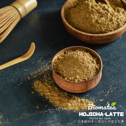 Bio Hojicha Latte Pulver aus Japan – Mit Kokosblütenzucker – 100g – Veganer Eistee oder Latte – Für heiße & kalte Zubereitung