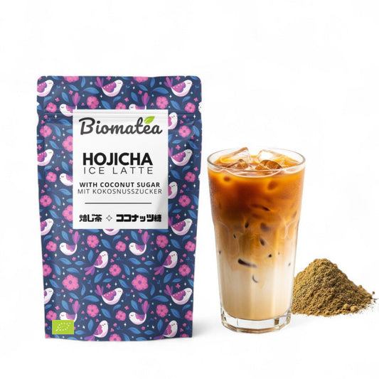 Bio Hojicha Latte Pulver aus Japan – Mit Kokosblütenzucker – 100g – Veganer Eistee oder Latte – Für heiße & kalte Zubereitung