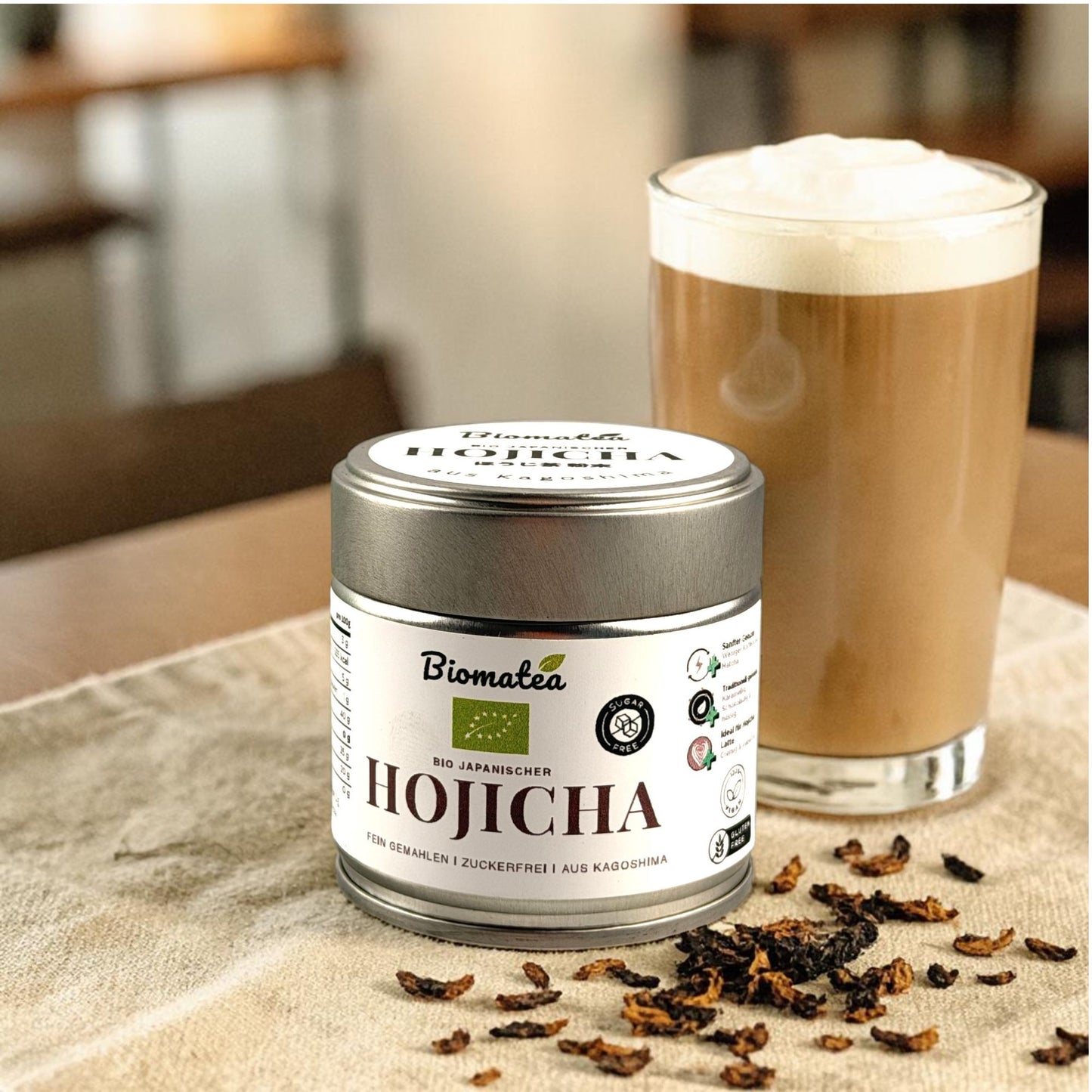 Biomatea Bio Hojicha aus Kagoshima – Gerösteter Japanischer Grüntee, Koffeinarm, 40g Dose