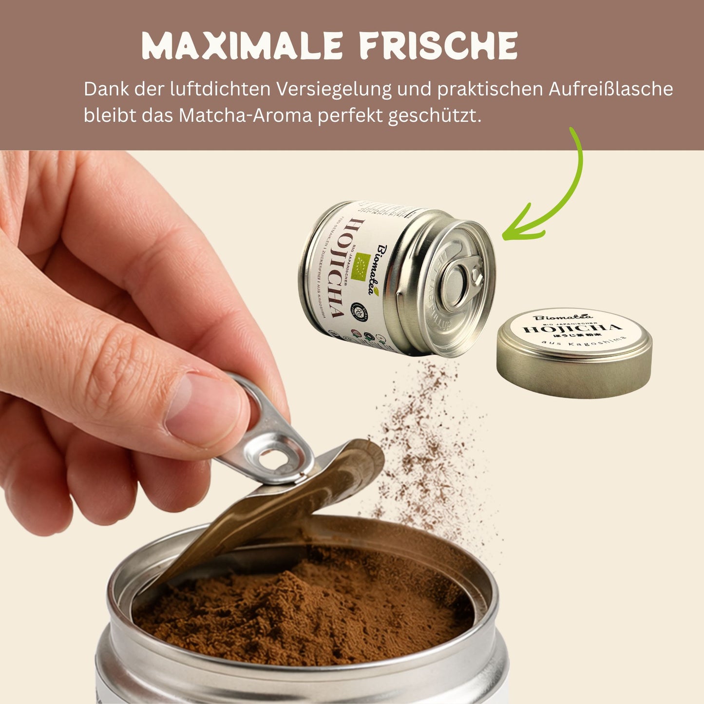 Biomatea Bio Hojicha aus Kagoshima – Gerösteter Japanischer Grüntee, Koffeinarm, 40g Dose