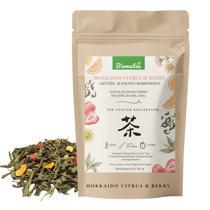 Hokkaido Citrus & Berry – Edle Oolong & Grüntee Cuvée mit Erdbeeren & Orange (70g) – Tee-Atelier Edition