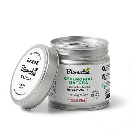 KAITO+ Ceremonial Matcha Tee Pulver aus Japan Shizuoka 30 g Dose mit Aufreißlasche.