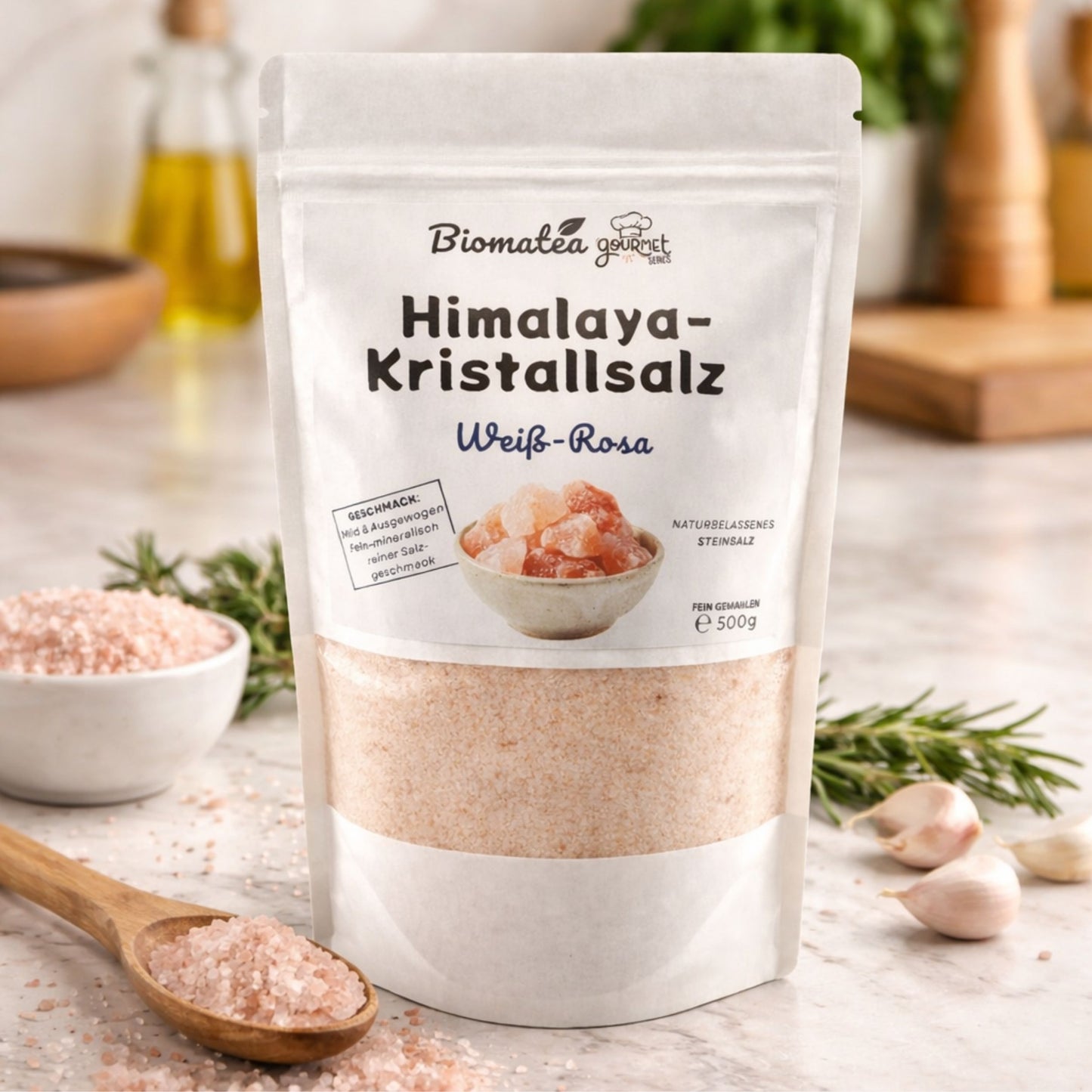 Biomatea Gourmet Series Himalaya Kristallsalz Weiß-Rosa – Fein Gemahlen – Naturbelassenes Steinsalz 500g