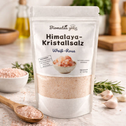 Biomatea Gourmet Series Himalaya Kristallsalz Weiß-Rosa – Fein Gemahlen – Naturbelassenes Steinsalz 500g