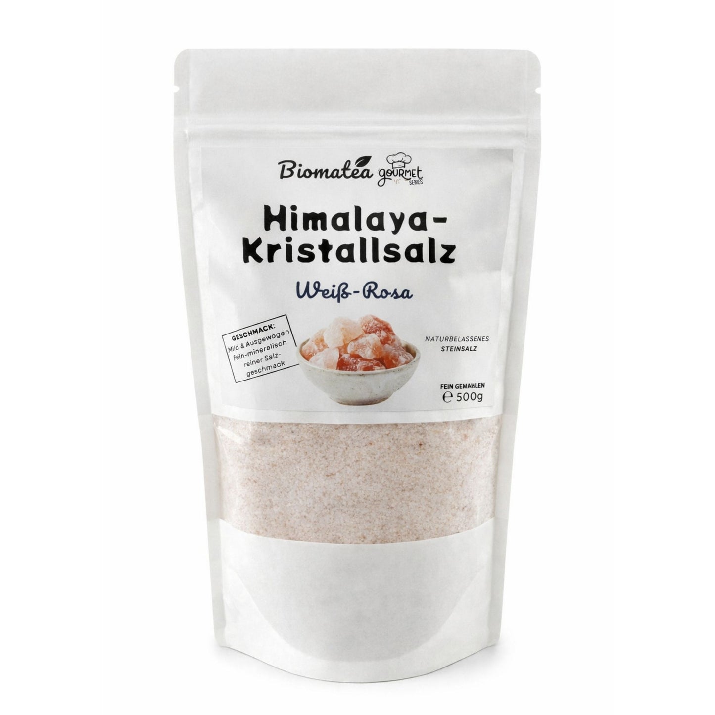 Biomatea Gourmet Series Himalaya Kristallsalz Weiß-Rosa – Fein Gemahlen – Naturbelassenes Steinsalz 500g