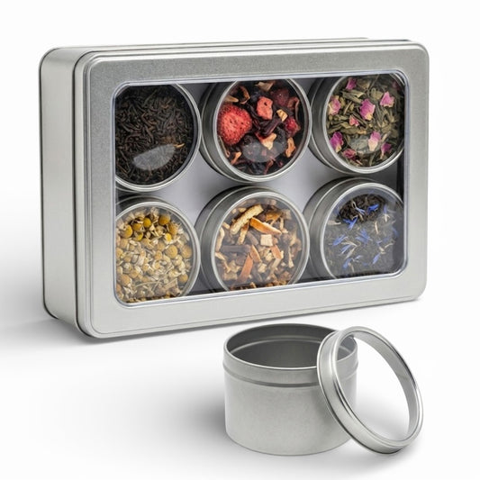 Universal Aufbewahrungsbox mit 6 Innendosen & Sichtfenster Deckel, für Tee, Kaffee & Backzutaten, Gewürze –Ordnungsbox & Organizer – Teedose leere Metalldosen Silber