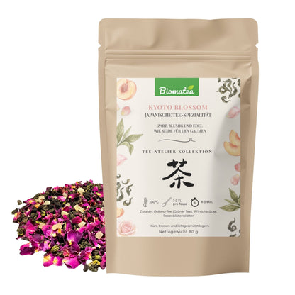 Kyoto Blossom – Feiner Oolong & Grüntee mit Pfirsich & Rosenblüten (80g) – Tee-Atelier Edition