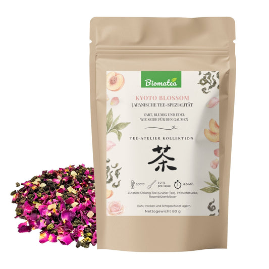 Kyoto Blossom – Feiner Oolong & Grüntee mit Pfirsich & Rosenblüten (80g) – Tee-Atelier Edition