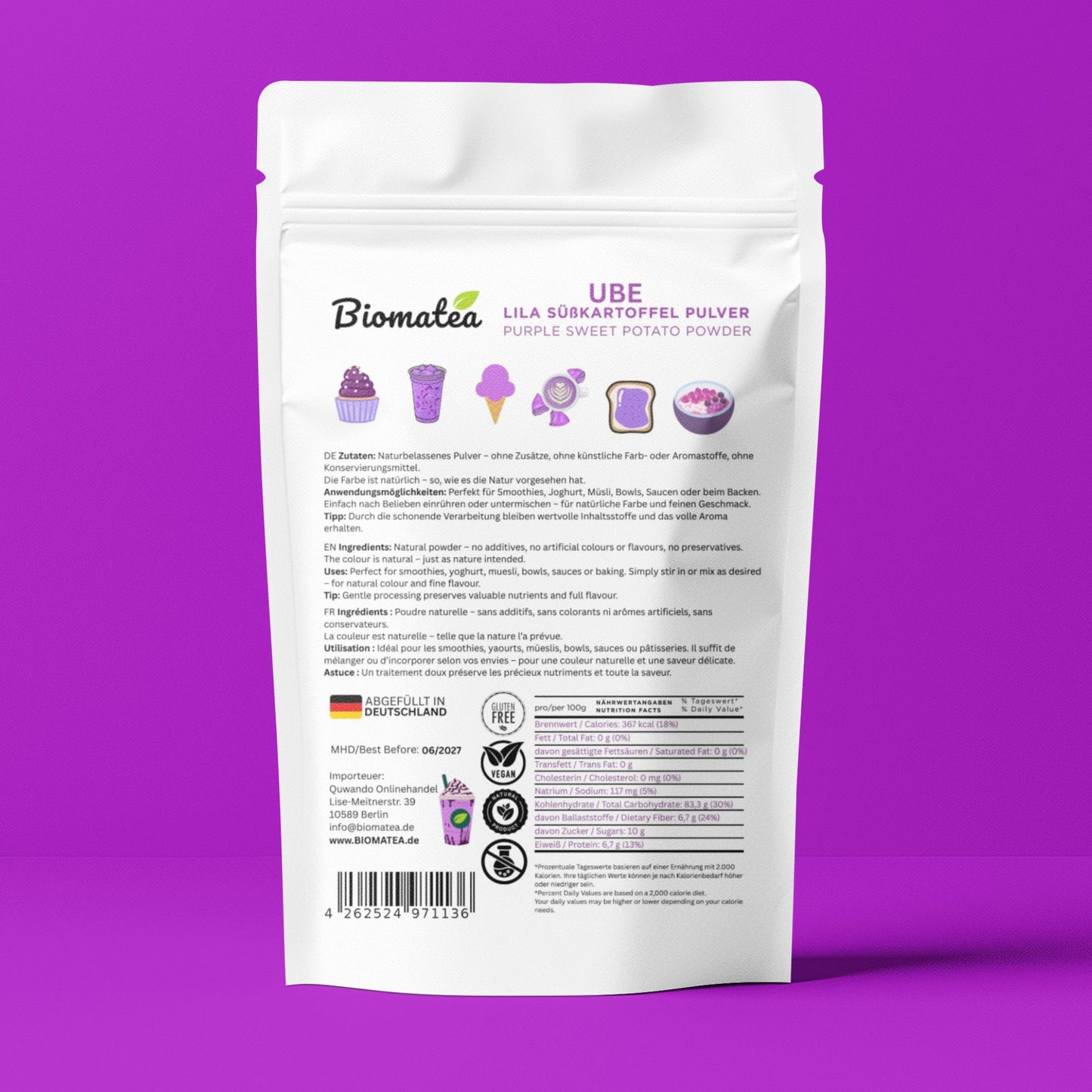 Lila Süßkartoffel Pulver 100 g – Premium Ube Powder, Purple Sweet Potato Powder, naturbelassen & rein