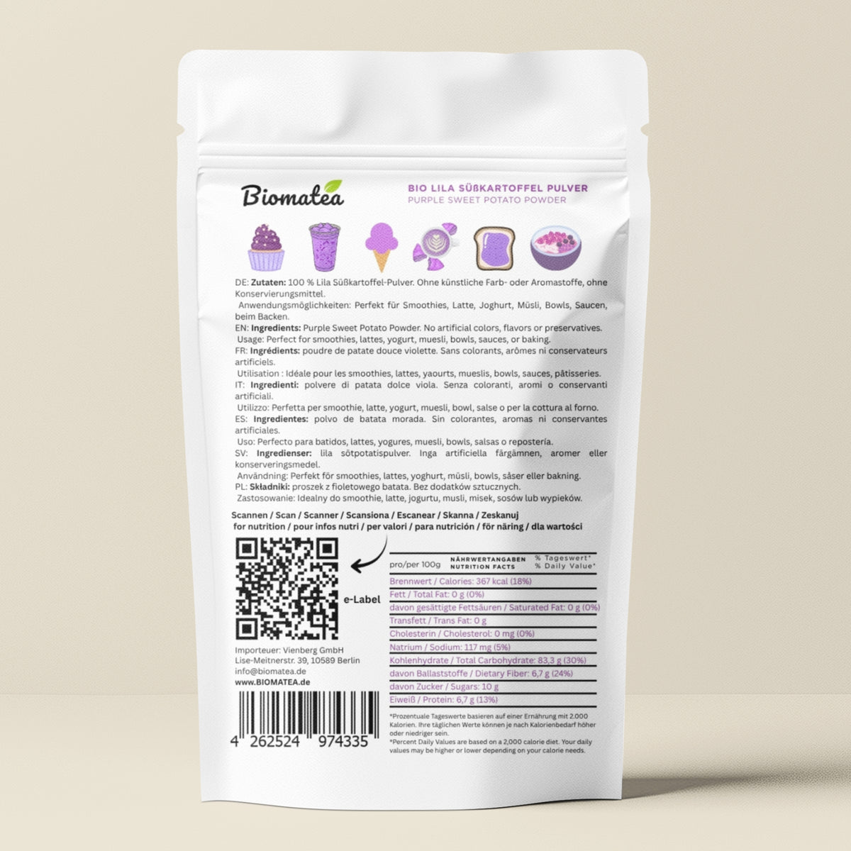Bio Lila Süßkartoffel Pulver, 100g ideal für Ube Purple Latte, Smoothies, backen