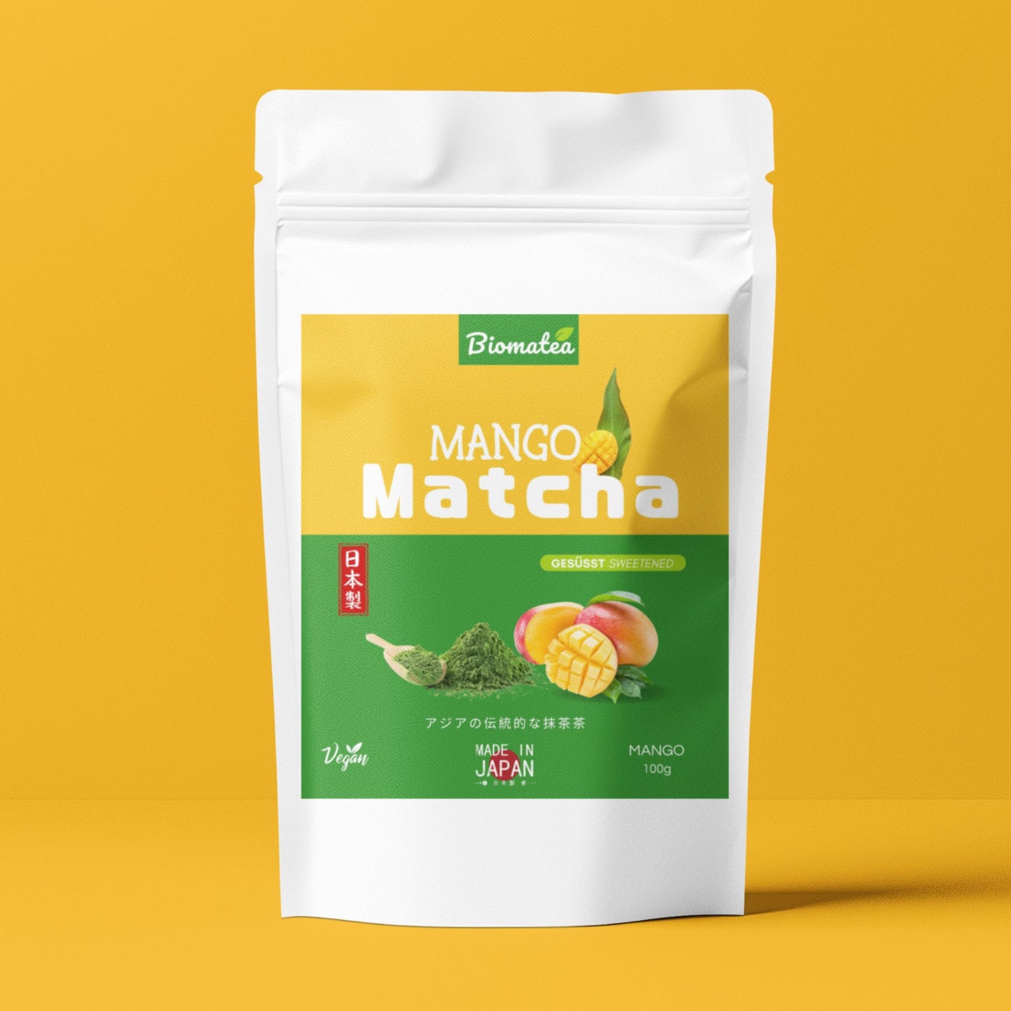 Biomatea Matcha mit Sakura & Mango & Pfirsich, aus Japan, mit Zucker, 100g