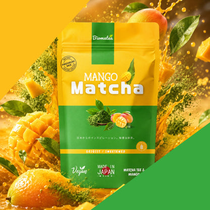 Japanischer Matcha Pulver mit Mango Pulver, gesüßt – 100g – Sofort löslich in Wasser oder Milch, trinkfertig