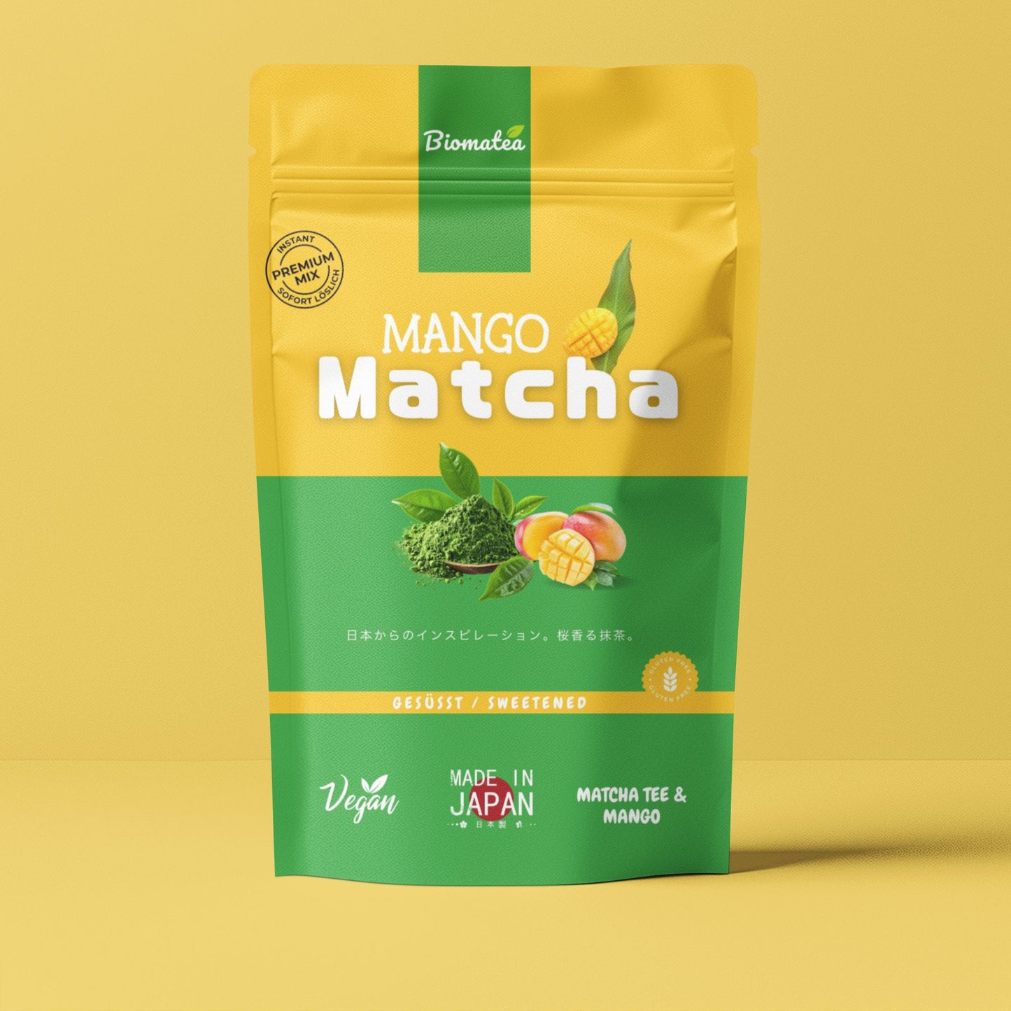 Japanischer Matcha Pulver mit Mango Pulver, gesüßt – 100g – Sofort löslich in Wasser oder Milch, trinkfertig