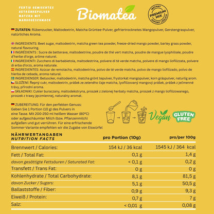Japanischer Matcha Pulver mit Mango Pulver, gesüßt – 100g – Sofort löslich in Wasser oder Milch, trinkfertig