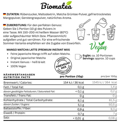 Japanischer Matcha Pulver mit Mango Pulver, gesüßt – 100g – Sofort löslich in Wasser oder Milch, trinkfertig