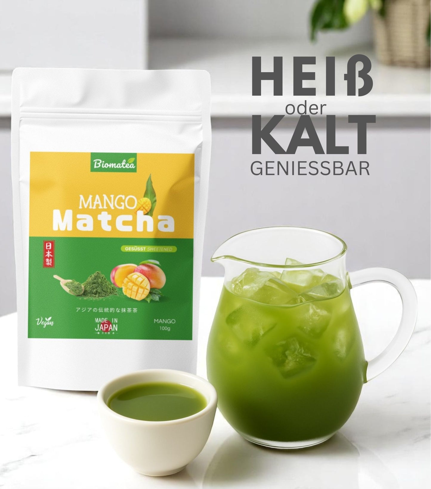 Biomatea Matcha mit Sakura & Mango & Pfirsich, aus Japan, mit Zucker, 100g