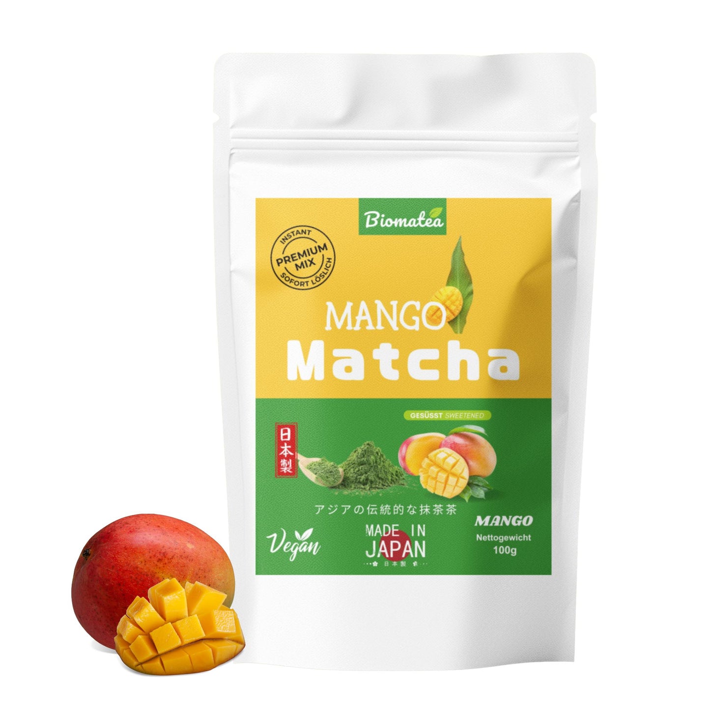 Japanischer Matcha Pulver mit Mango Pulver, gesüßt – 100g – Sofort löslich in Wasser oder Milch, trinkfertig