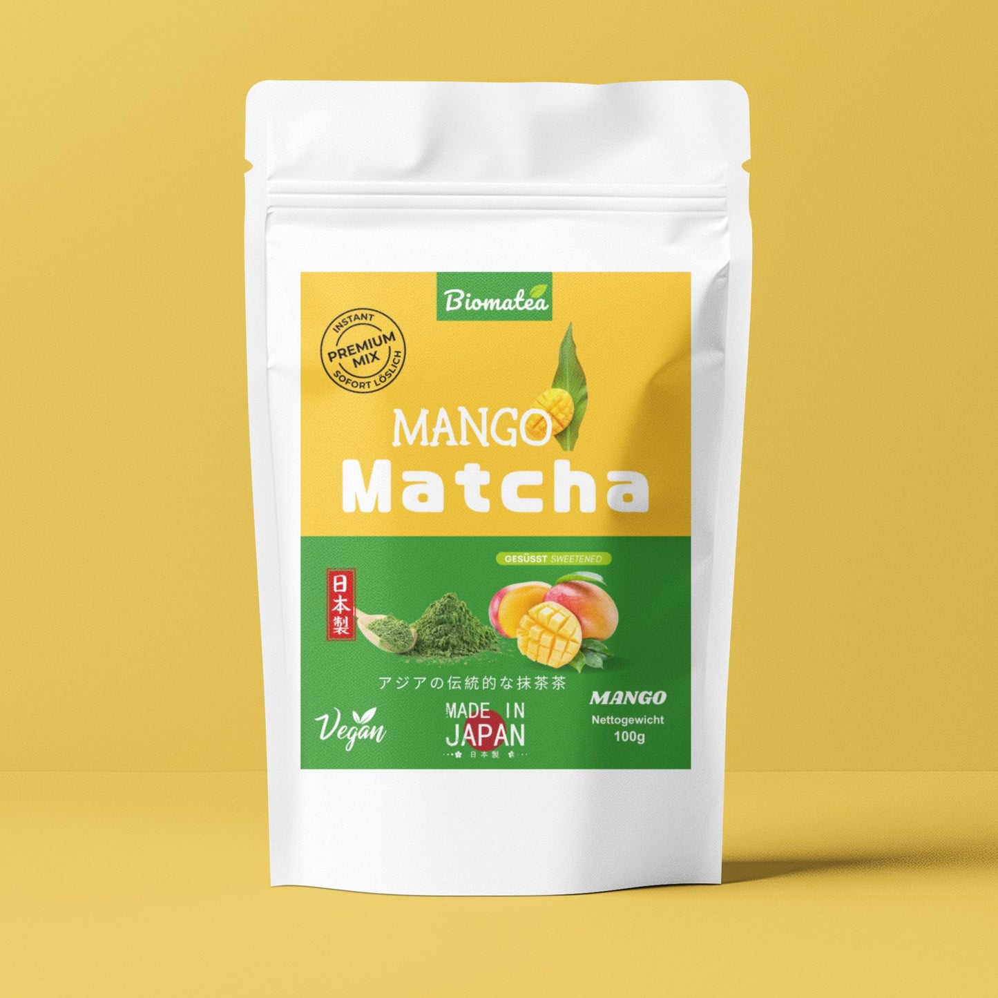 Japanischer Matcha Pulver mit Mango Pulver, gesüßt – 100g – Sofort löslich in Wasser oder Milch, trinkfertig