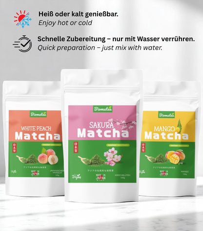 Biomatea Matcha mit Sakura & Mango & Pfirsich, aus Japan, mit Zucker, 100g
