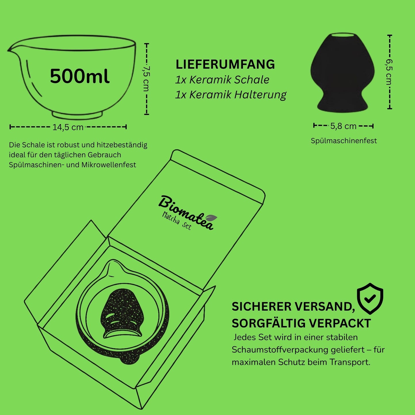 2-teiliges Keramik Matcha Schalen Set Basic | Matcha Schale (500 ml) & Bambusbesen Chasen-Halter, Blau-Rosa