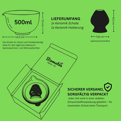 2-teiliges Keramik Matcha Schalen Set Basic | Matcha Schale (500 ml) & Bambusbesen Chasen-Halter, Blau-Rosa