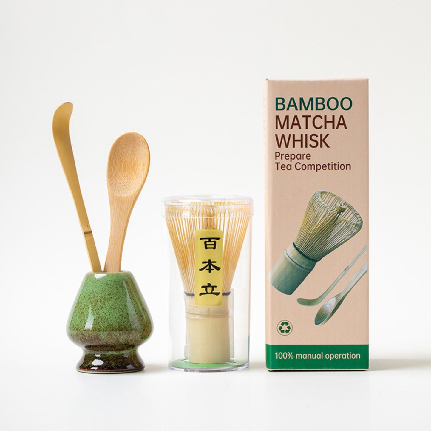4-teiliges Bambus Tee-Set mit Matcha-Besen, Löffel, Chashaku & Halterung | Traditionelles japanisches Zubehör für cremigen Matcha