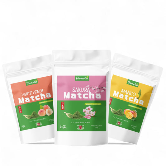 Biomatea Matcha mit Sakura & Mango & Pfirsich, aus Japan, mit Zucker, 100g