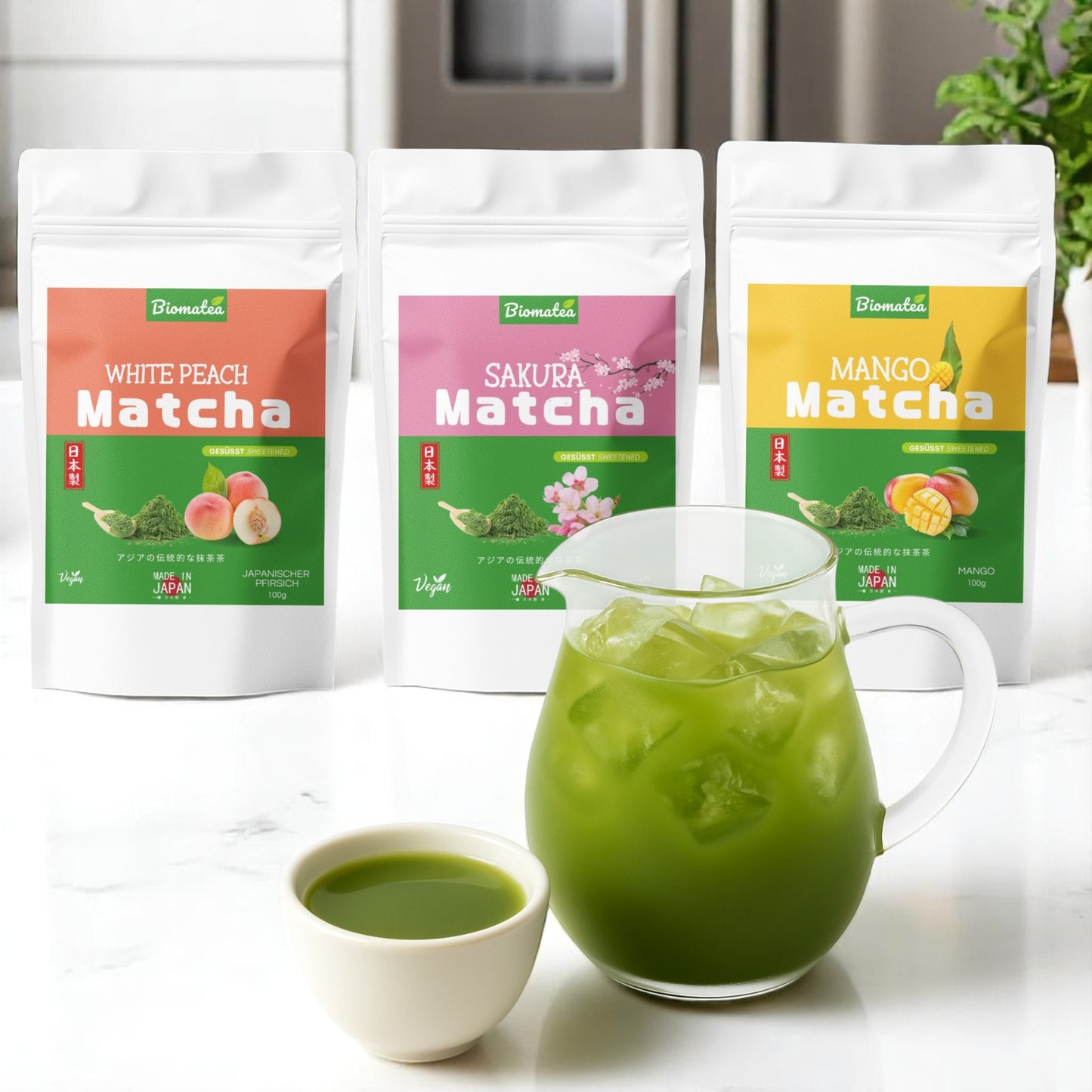 Biomatea Matcha mit Sakura & Mango & Pfirsich, aus Japan, mit Zucker, 100g