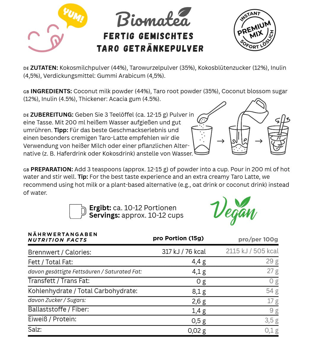 Biomatea Taro Coco Latte Mix – Vegan & Natürlich gesüßt mit Kokosblütenzucker, 150g