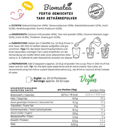 Biomatea Taro Coco Latte Mix – Vegan & Natürlich gesüßt mit Kokosblütenzucker, 150g