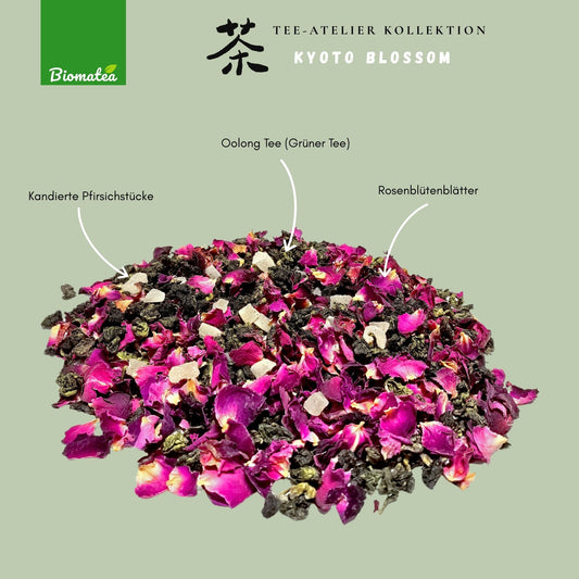 Kyoto Blossom – Feiner Oolong & Grüntee mit Pfirsich & Rosenblüten (80g) – Tee-Atelier Edition