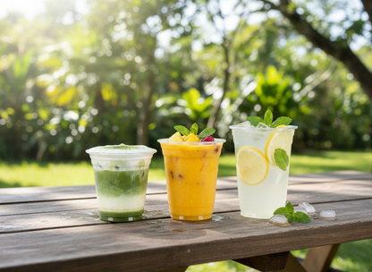 100 Stück Pet Becher mit Flachdeckel für Matcha Latte, Dessert, Softdrink, Kaffee, to go Plastikbecher, | 360ml, 400ml, 500ml