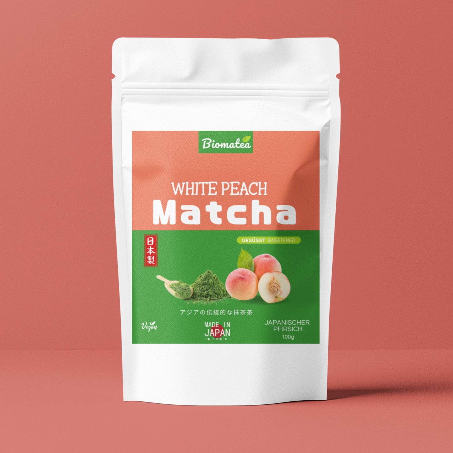 Biomatea Matcha mit Sakura & Mango & Pfirsich, aus Japan, mit Zucker, 100g