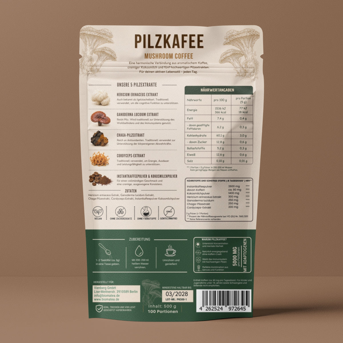 Biomatea Pilzkaffee Mushroom Coffee 150g | Löslicher Kaffee mit Kokosmilch & 4 Pilzextrakten