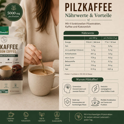 Biomatea Pilzkaffee Mushroom Coffee 150g | Löslicher Kaffee mit Kokosmilch & 4 Pilzextrakten