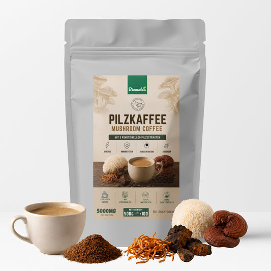 Biomatea Pilzkaffee Mushroom Coffee 500g Vorratspack | Löslicher Kaffee mit Kokosmilch & 4 Pilzextrakten