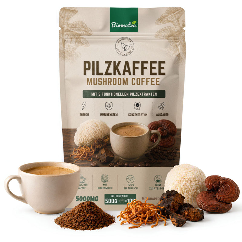Biomatea Pilzkaffee Mushroom Coffee 150g | Löslicher Kaffee mit Kokosmilch & 4 Pilzextrakten