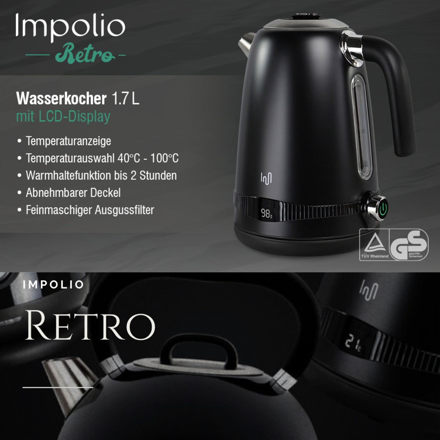 Edelstahl Retro Wasserkocher Vintage Design in Schwarz mit LCD digital Display , 1,7 Liter