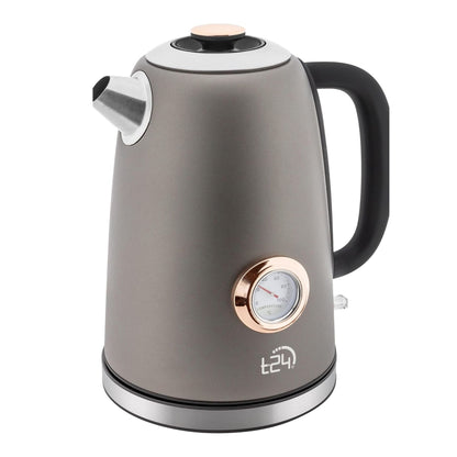 Edelstahl Retro Wasserkocher Vintage Design in Grau Matt mit Analogen Thermometer, 1,7 Liter