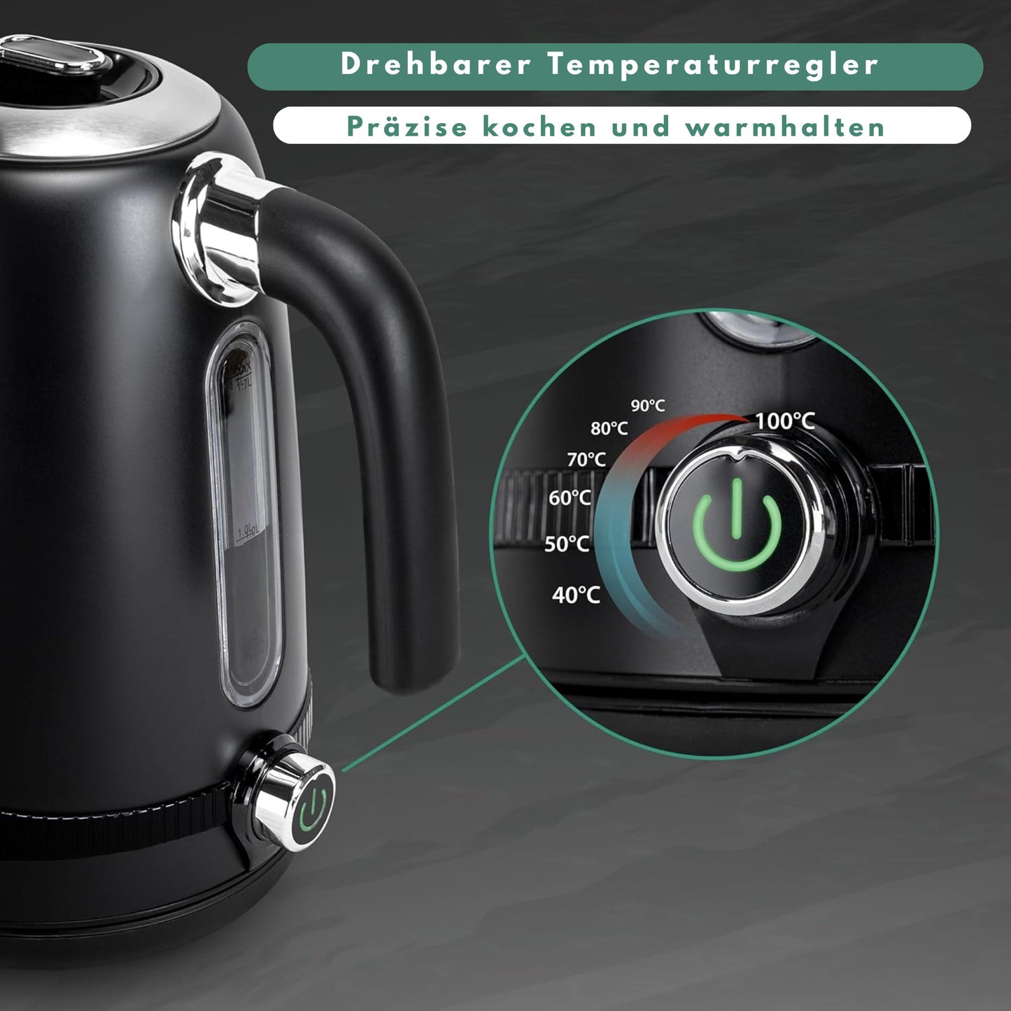 Edelstahl Retro Wasserkocher Vintage Design in Schwarz mit LCD digital Display , 1,7 Liter