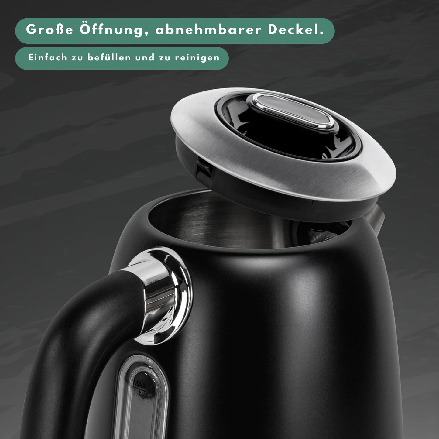 Edelstahl Retro Wasserkocher Vintage Design in Schwarz mit LCD digital Display , 1,7 Liter