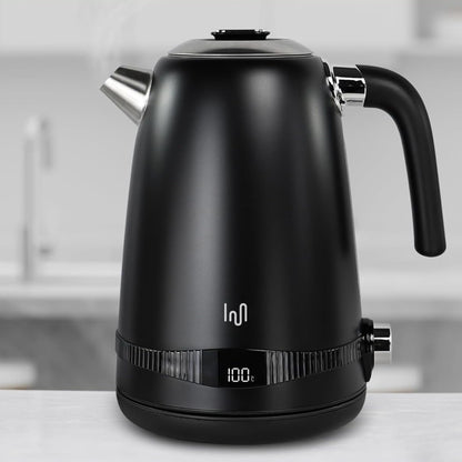 Edelstahl Retro Wasserkocher Vintage Design in Schwarz mit LCD digital Display , 1,7 Liter