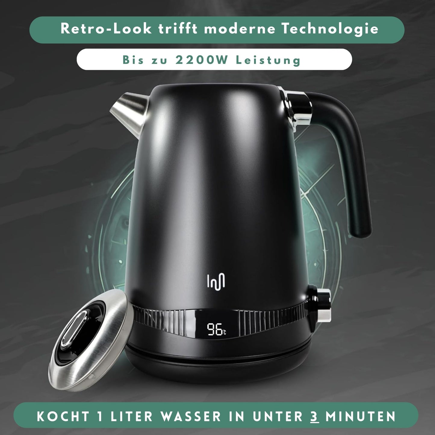 Edelstahl Retro Wasserkocher Vintage Design in Schwarz mit LCD digital Display , 1,7 Liter
