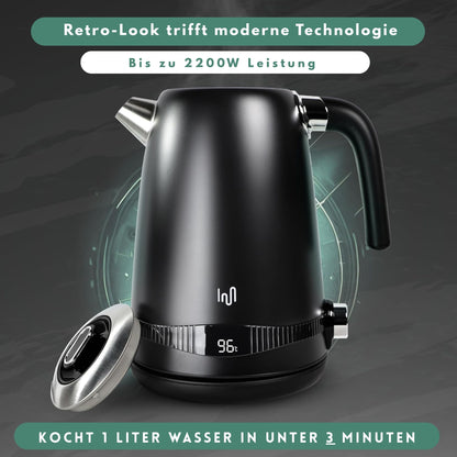 Edelstahl Retro Wasserkocher Vintage Design in Schwarz mit LCD digital Display , 1,7 Liter